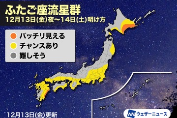 ふたご座流星群、12/13夜に見頃…気になる天気は？ 画像