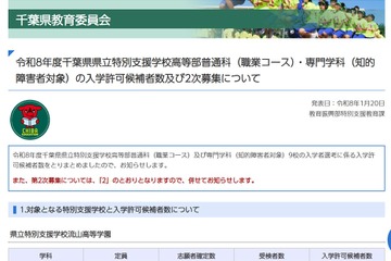 【高校受験2026】千葉県、特別支援学校高等部2次募集…流山高等学園など3校で計24人 画像