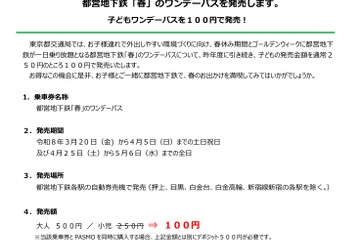 【春休み2026】都営地下鉄子供向けワンデーパス、100円で発売…GWも 画像