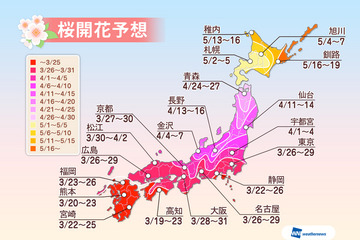 2014年の桜開花、西～東日本では昨年より遅めで上野は3/29の予想 画像
