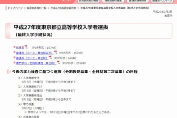 【高校受験2015】東京都立高校、全日制の最終入学手続人員は31,683人 画像