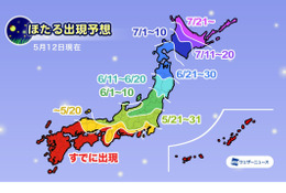 ほたる出現…例年並～早い予想、関東南部は5月下旬ピーク