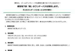 【春休み2026】都営地下鉄子供向けワンデーパス、100円で発売…GWも 画像