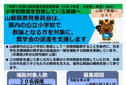山梨県、2027年度教員採用で奨学金返還補助…小学校教員確保 画像