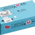 「衛生的に取り出せるプラスチック手袋 粉無」（M）のパッケージ＿1箱100枚入