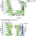 東西自由通路整備前（上）と整備後（下）の構内。自由通路は延長100mほどで、東西改札と、みどりの窓口、券売機が通路沿いに移設される。