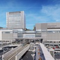 路面電車が出入りする広島新駅ビルの外観イメージ。左手上はホテル、右手上はシネマコンプレックスに。高さは約100mを誇る。
