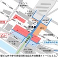 2階レベルからの広島新駅ビル配置図。路面電車の停留場とJR線改札が至近となり利便性が向上。