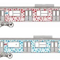 海側と山側で色が異なる「アロハ電車」のデザイン。ハワイ語でウミガメを意味する「ホヌ柄」とされたラッピングには、ウミガメやイルカのほか、伊豆ならではのシークレットキャラクターも入るという。前面スカートにも配色されており、伊東方が青、伊豆急下田方が赤となる。