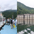 遊覧船でダム湖を横断して銀山平の森へ。奥只見ダムを湖上から眺める