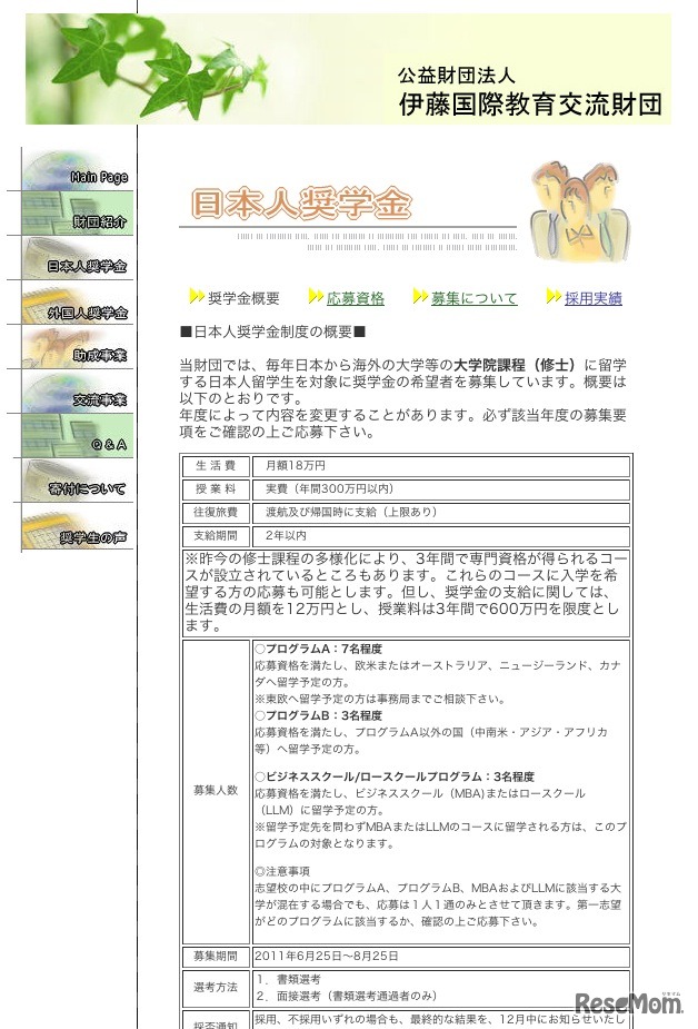 伊藤国際教育交流財団 日本人奨学金制度