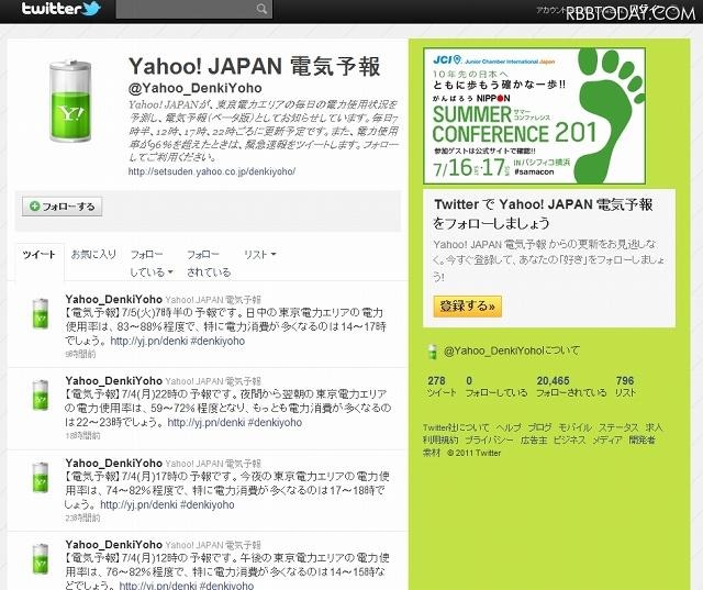 Yahoo！JAPAN電気予報（yahoo_DenkiYoho）のTwitterページ Yahoo！JAPAN電気予報（yahoo_DenkiYoho）のTwitterページ