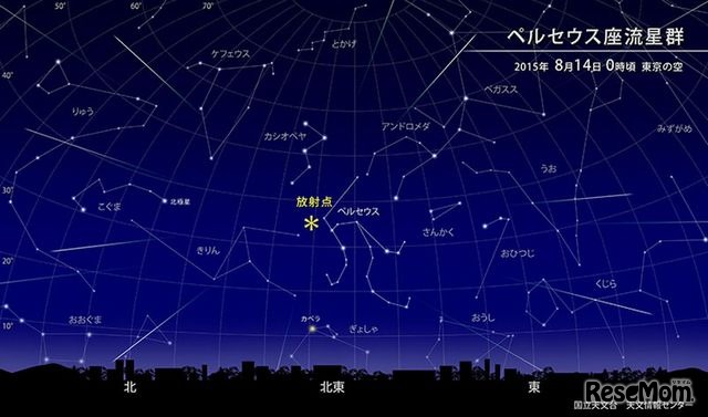 ペルセウス座流星群（8月14日0時ごろの東京の空）
