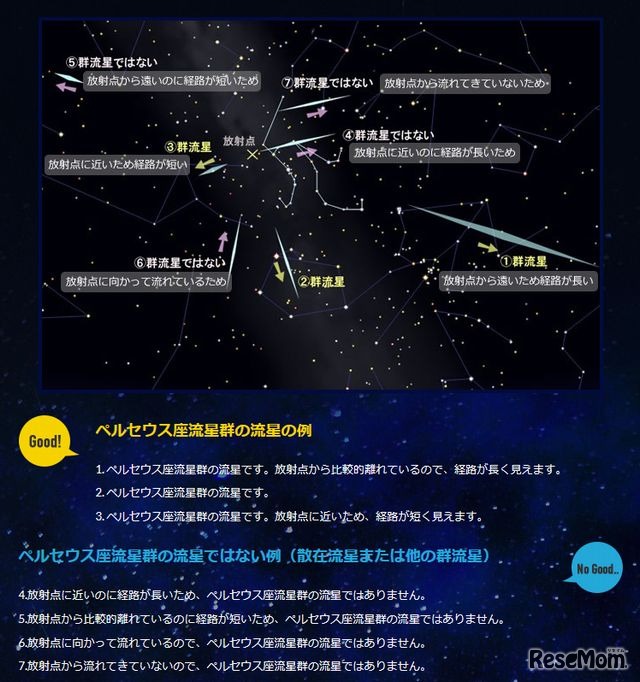 ペルセウス座流星群の見分け方の例　（c） 国立天文台