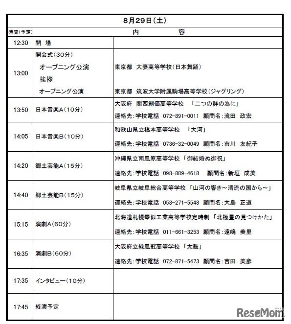 公演日程（8月29日）