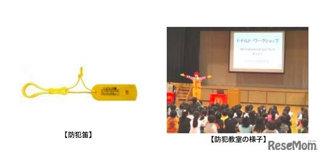 配布された防犯笛と防犯教室のようす