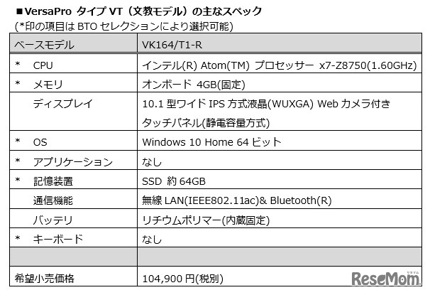 VersaPro タイプ VT（文教モデル）のおもなスペック