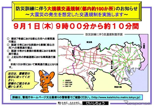 9月1日、9時から9時10分までの10分間、大震災を想定した交通規制を実施