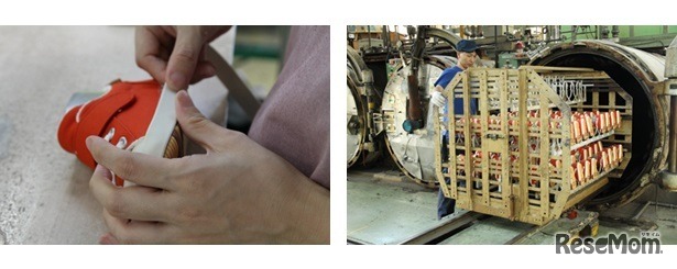 左：やわらかいゴム素材を手作業で貼り付け 　右：窯に入れ熱と圧力を加え、ゴムを硬化