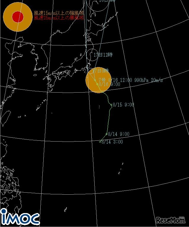 台風予想進路図（気象庁発表）　8月16日正午現在　　画像：国際気象海洋（株）提供