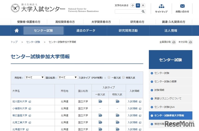 センター試験参加大学情報