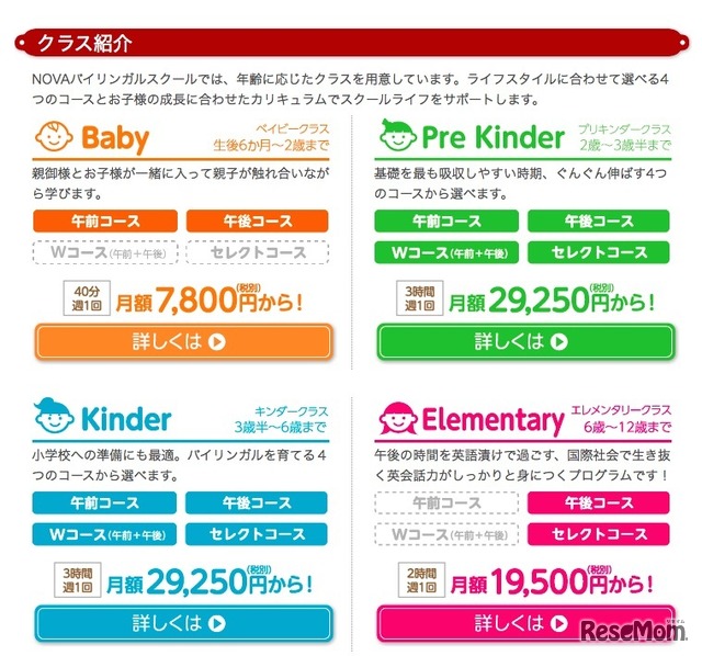 ライフスタイルに合わせた4つのコースと年齢に応じたカリキュラムを用意