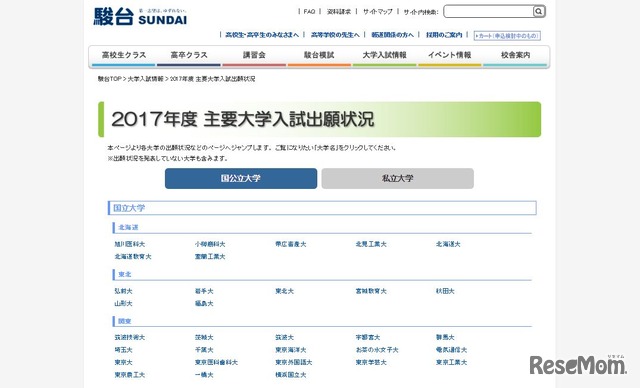 駿台「2017年度主要大学入試出願状況」