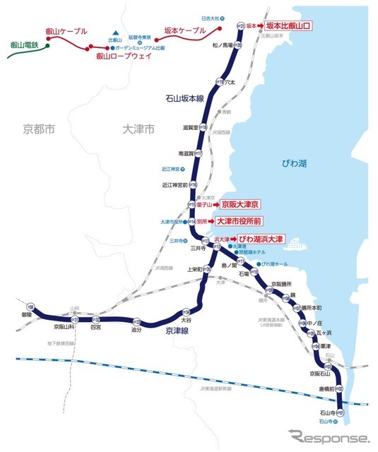 大津線の路線図。4駅の駅名が変わる。