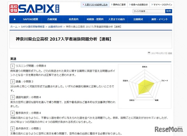 神奈川県公立高校入学者選抜問題分析（速報・一部）