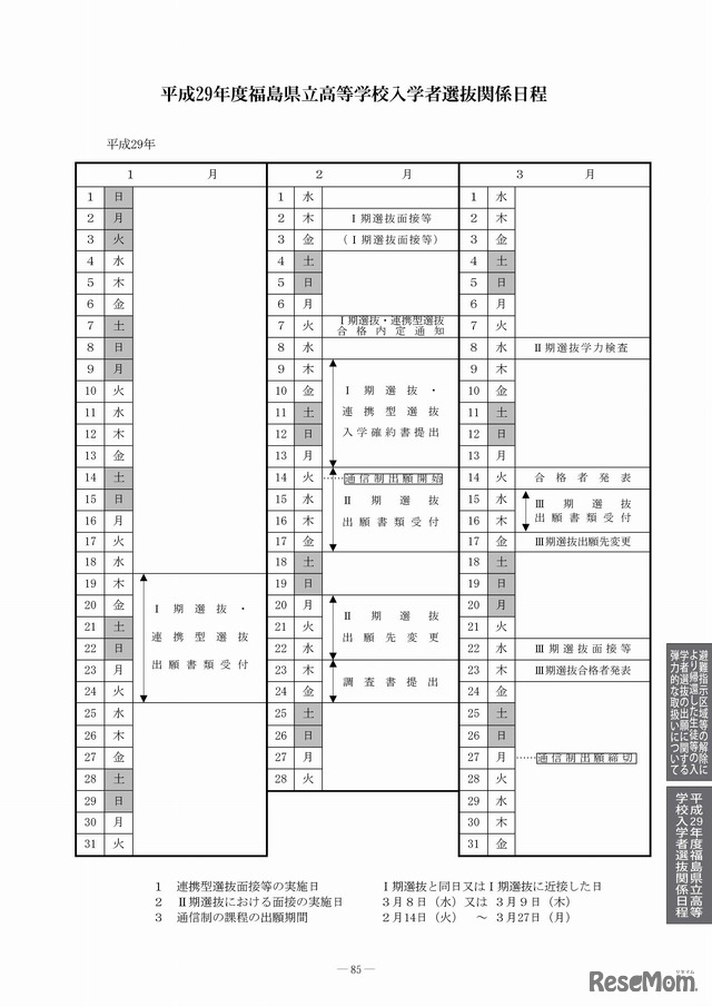 福島県　平成29年度県立高等学校一般入学者選抜に関する日程