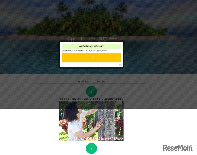 無人島留学　申込み画面　注意書きがなければ、信じてしまうところだった