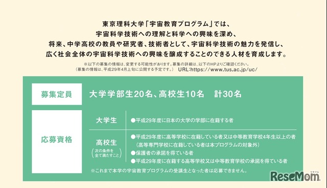 東京理科大学　宇宙教育プログラム　募集定員・応募資格