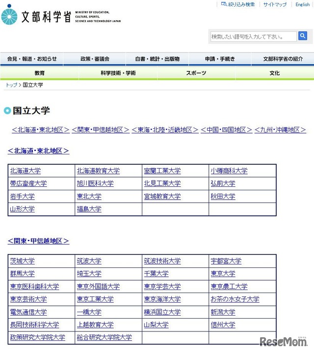 文部科学省　国立大学一覧 （一部）