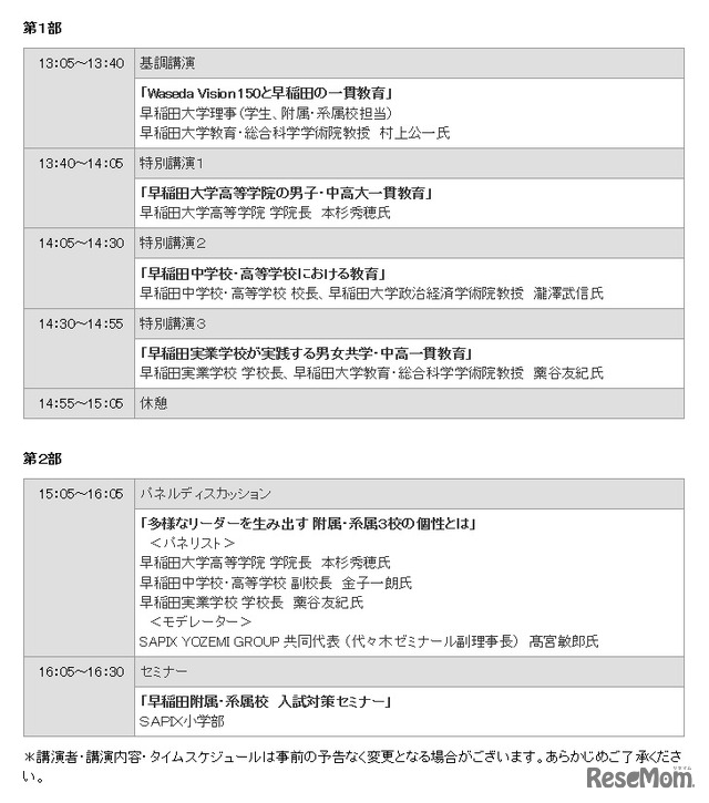 次世代の子育てと教育を考えるシンポジウム「早稲田一貫教育の魅力と展望」　プログラム