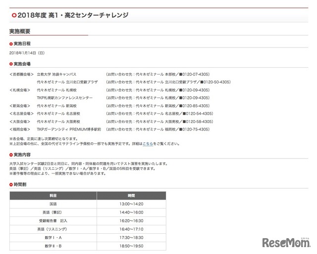 2018年度 高1・高2センターチャレンジ