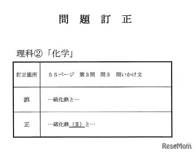 問題訂正があった2018年度大学入試センター試験　理科2「化学」