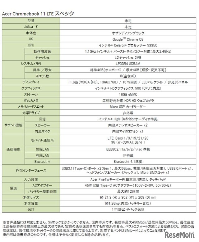 Acer Chromebook 11 LTEのスペック