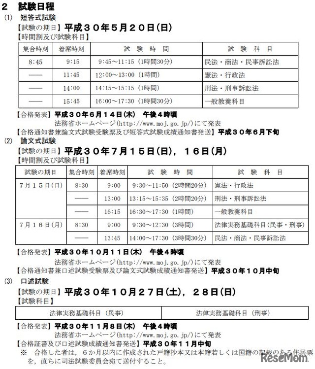 平成30年司法試験予備試験の実施日程