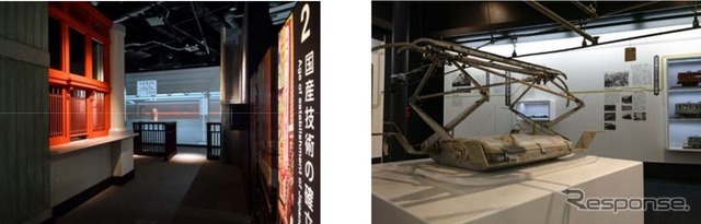 「歴史ステーション」に再現される、開駅当時の東京駅の改札口と窓口（左）。右は電車の高速化を実現した技術を紹介するセクション。