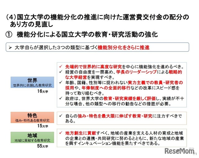 国立大学の機能分化の推進に向けた運営費交付金の配分のあり方の見直し