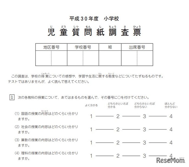 平成30年度　小学校　児童質問紙調査票（一部）