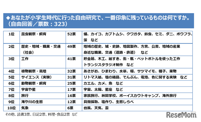 小学生時代に行った自由研究で、一番印象に残っているものは何か