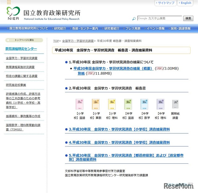 平成30年度　全国学力・学習状況調査　報告書・調査結果資料