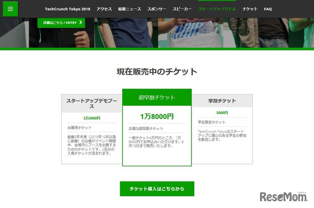 TechCrunch Japan「TechCrunch Tokyo 2018」　2018年8月22日時点で販売中のチケット