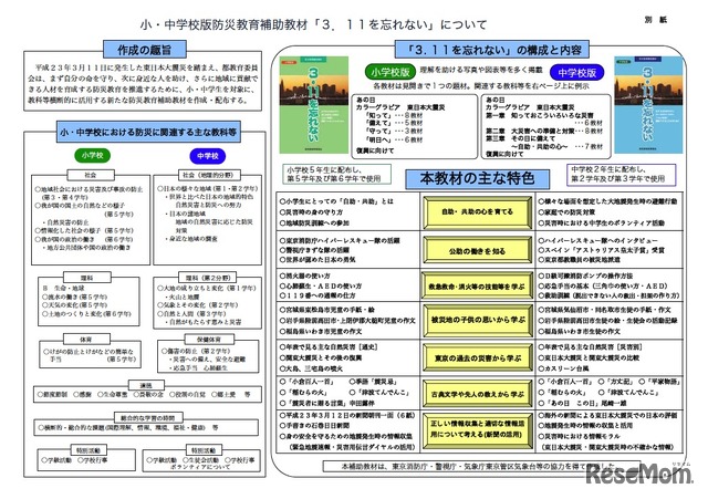 小・中学校版防災教育補助教材「3.11を忘れない」について