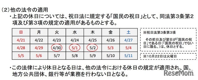 「天皇の即位の日および即位礼正殿の儀の行われる日を休日とする法律の概要」他の法令の適用について