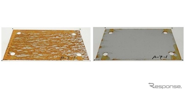 本線スノーポールに設置した金属片の腐食状況（左：塩化ナトリウム散布区間、右：プロピオン酸ナトリウム散布区間）