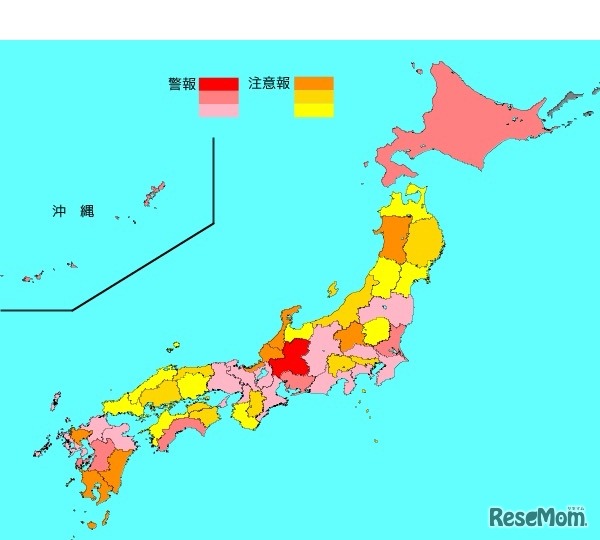 インフルエンザ流行レベルマップ　2019年第1週（2018年12月31日～2019年1月6日）