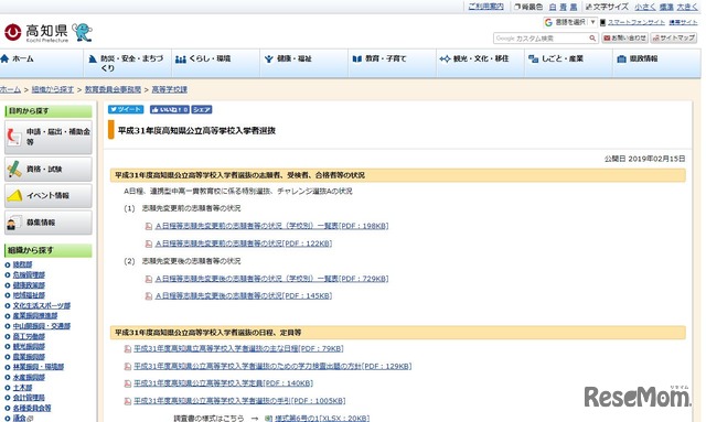 高知県 平成31年度高知県公立高等学校入学者選抜