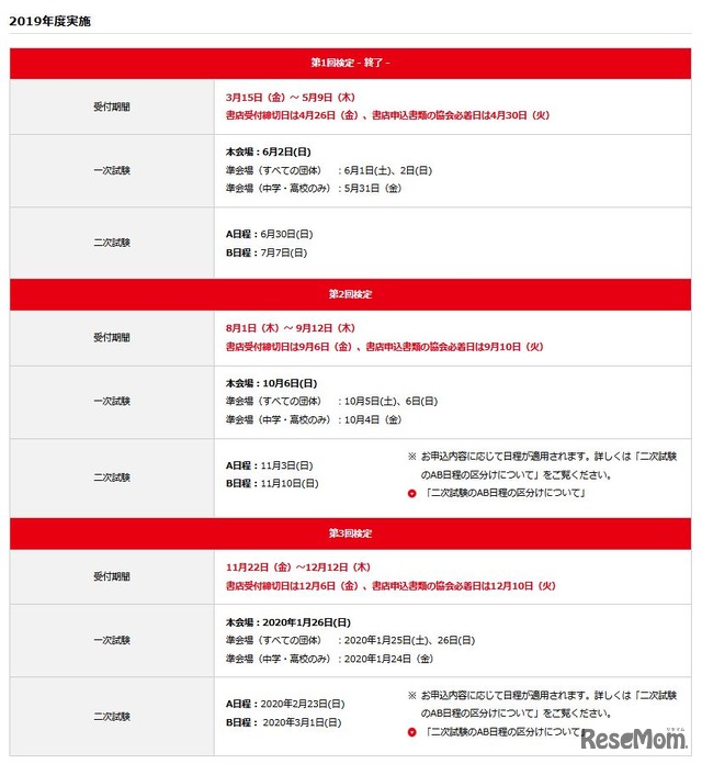 英検の2019年度試験日程